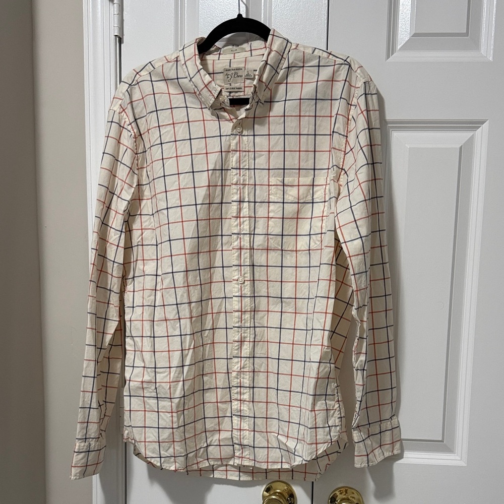 J. Crew Men's Checkered Shirt - Cream, Navy and Reddish/Orange